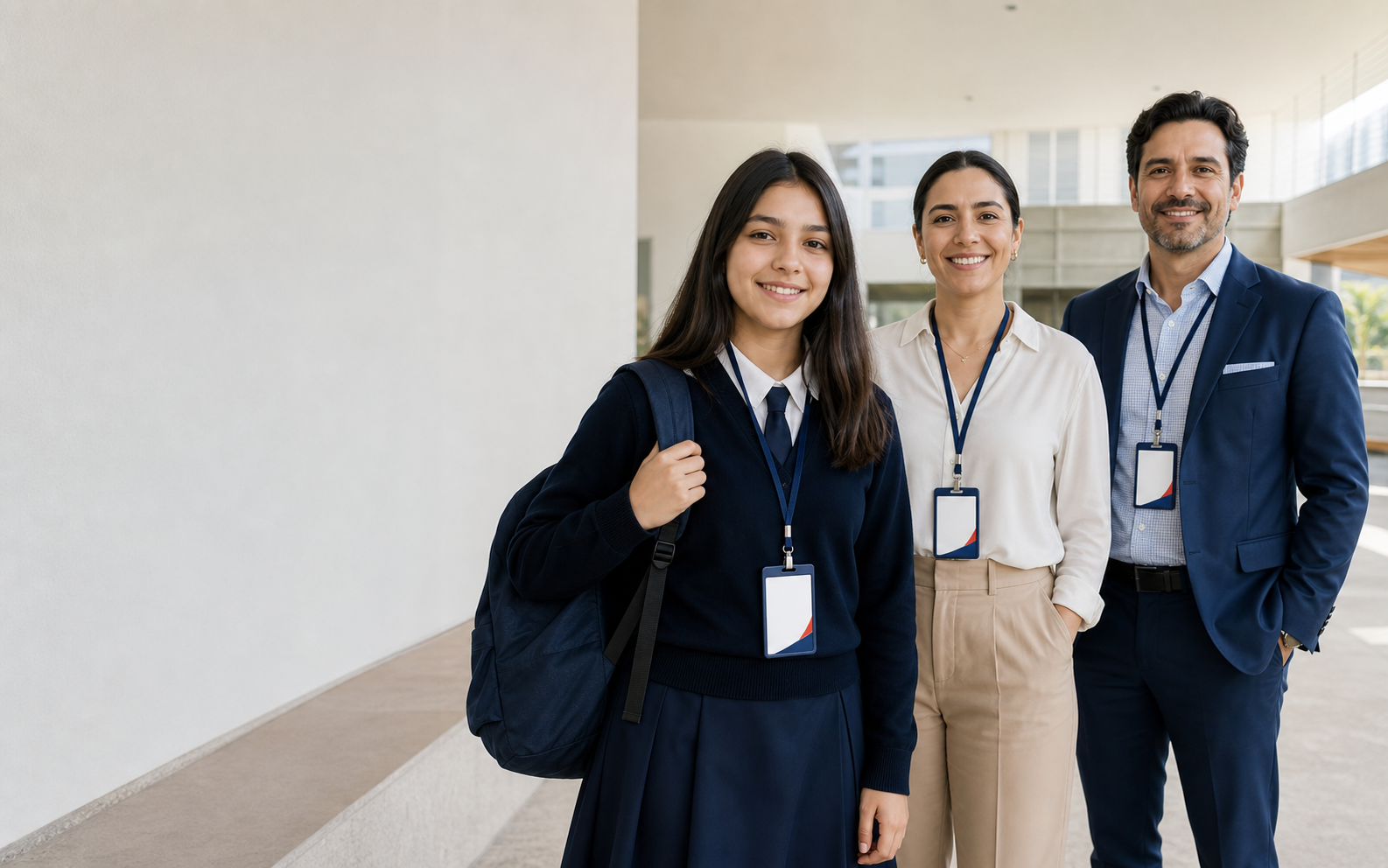 Alumna y personal escolar portando credenciales institucionales